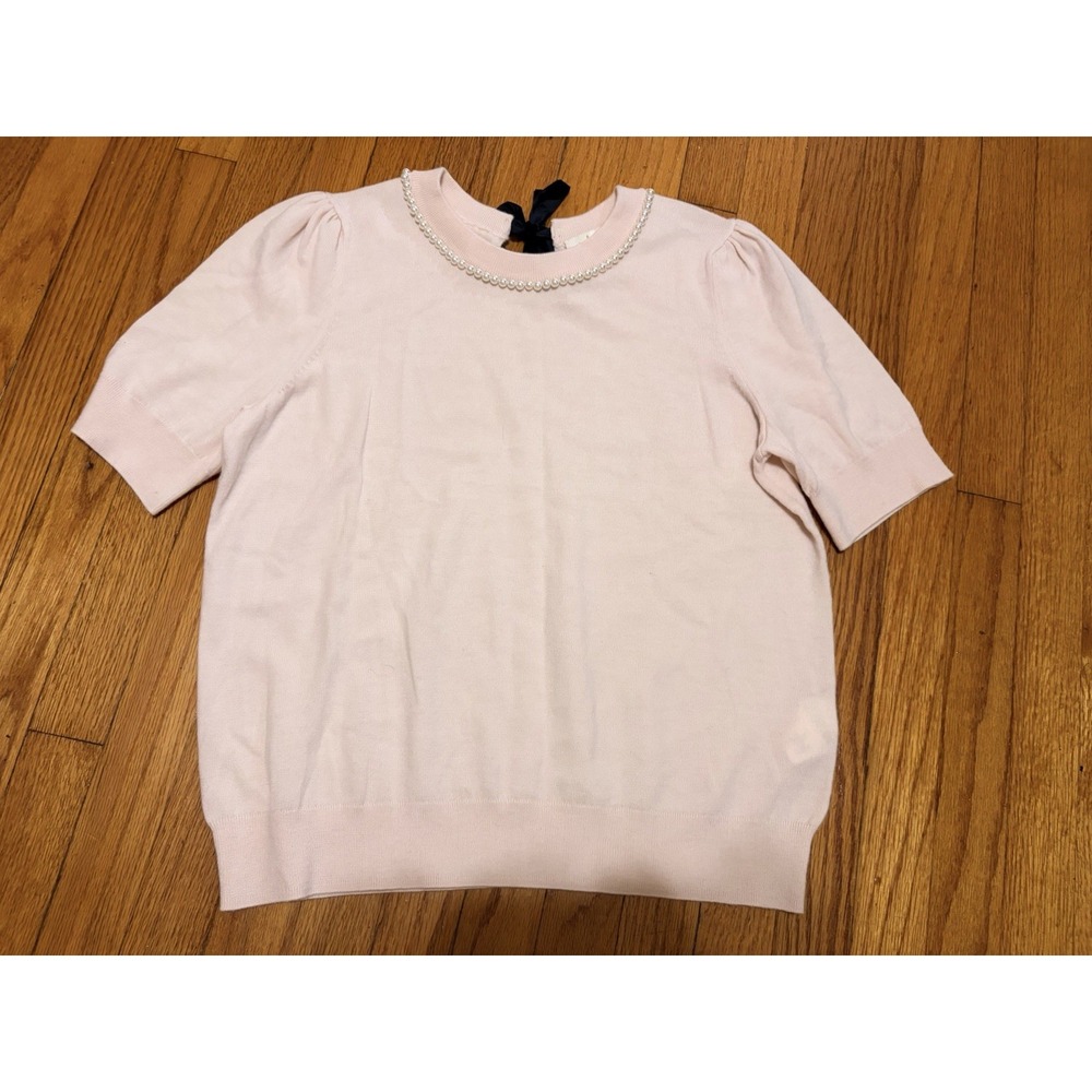 Kate Spade Pearl Embellished Rosedew Pink Short Sleeve Wool Blend Top Sweater XL